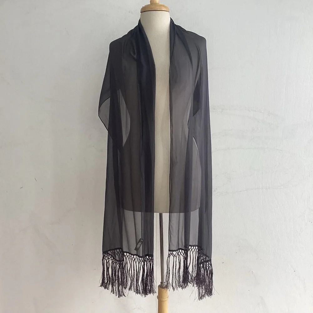 Echo Sheer Gray Silk Scarf with Knotted Fringe
